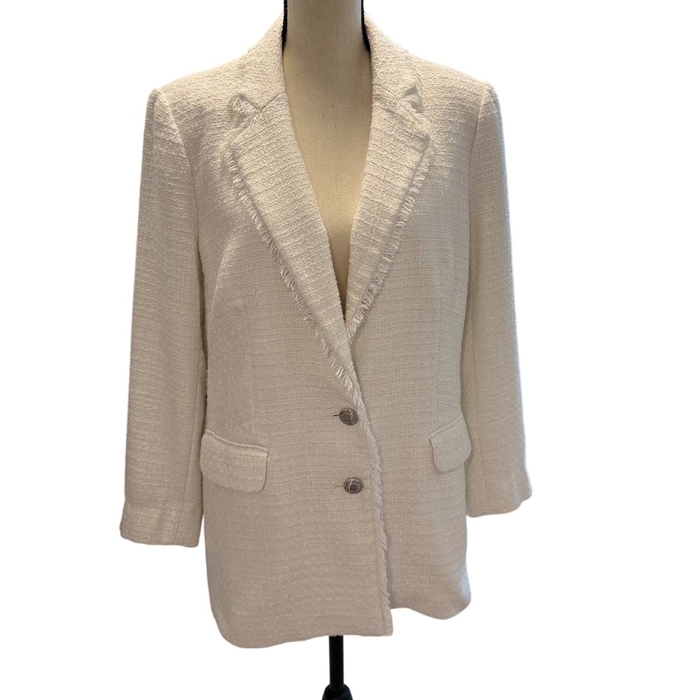 Karl Lagerfeld Paris Blazer Women 12 Cream White Excellent Tweed Fringed Trim